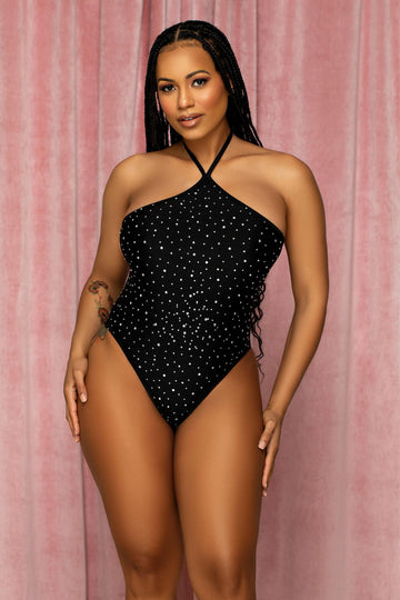 Black Solid And Mesh Rhinestone Halter Bodysuit
